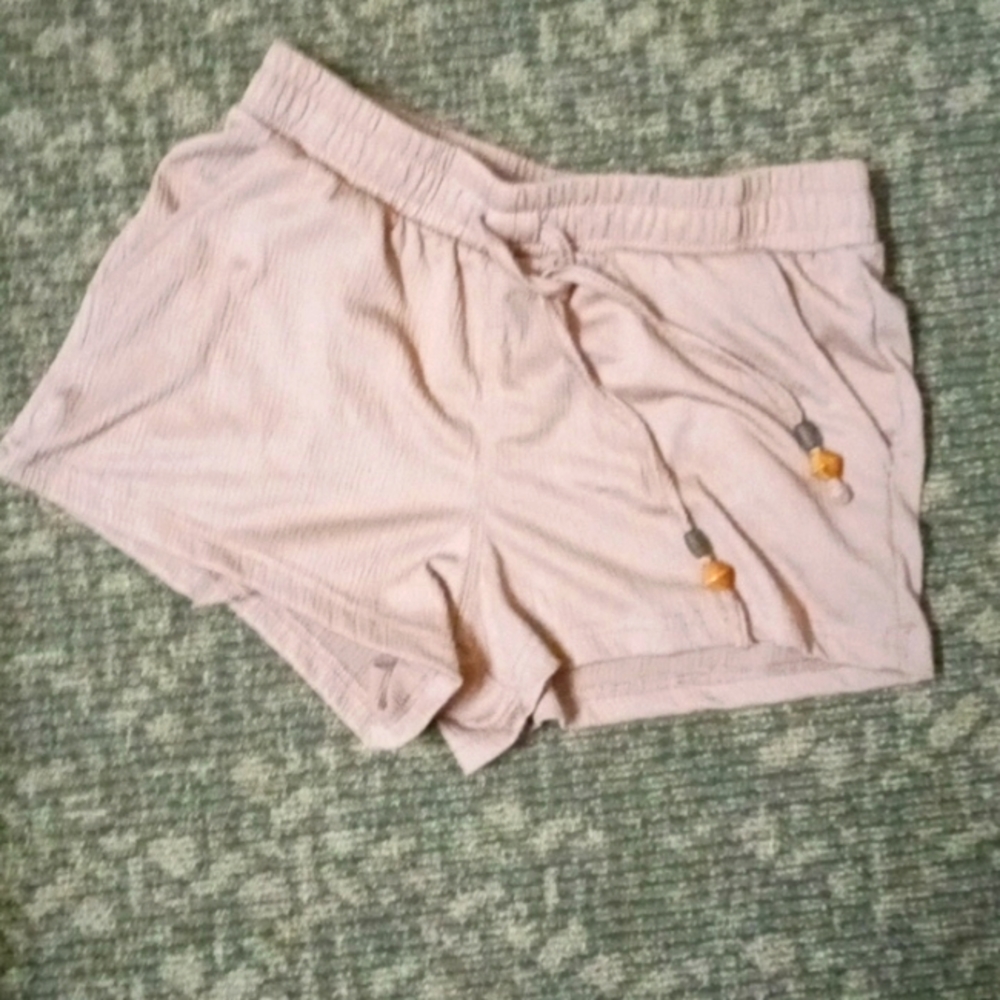 BoHo shorts with wood bead drawstring in front. super comfy and cute